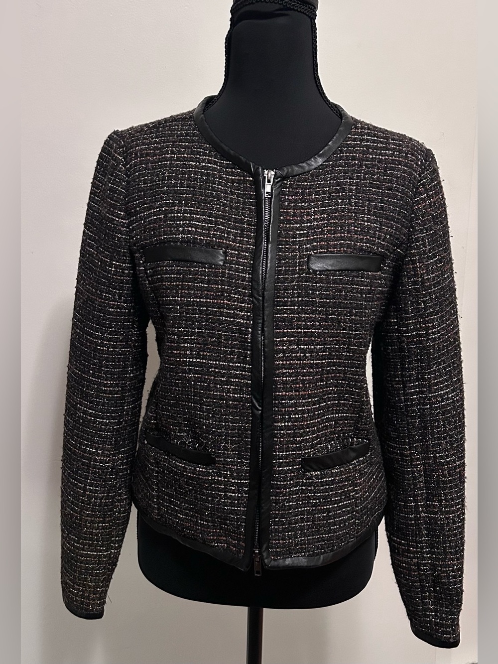 Tweed & Leather Zip-Front Women's Jacket